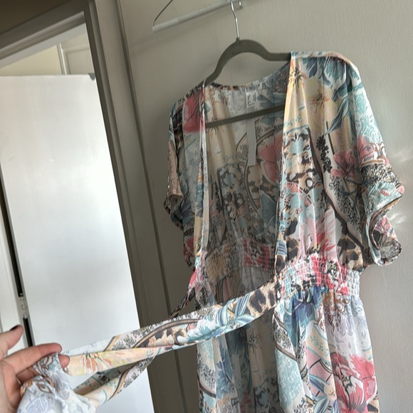 Spring floral duster, tie front, short sleeved, ruffle trim - Picture 6 of 8